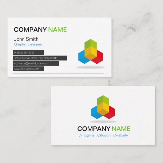 4 kleuren Groen Blauw Geel Rood - Modern Cube Logo Visitekaartje (Voorkant / Achterkant)