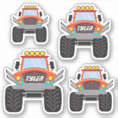 4 Koele Rode Monstervrachtwagens, DIY Naam Sticker (Voorkant)