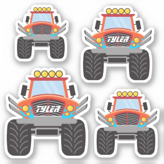 4 Koele Rode Monstervrachtwagens, DIY Naam Sticker (Voorkant)