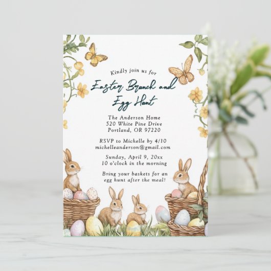 4 konijnen en eieren Brunch en Paaseieren Hunt Kaart (Staand voorkant)