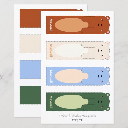 4 Kute Beer Editable Bladwijzer met besnoeiingshan (Voorkant / Achterkant)