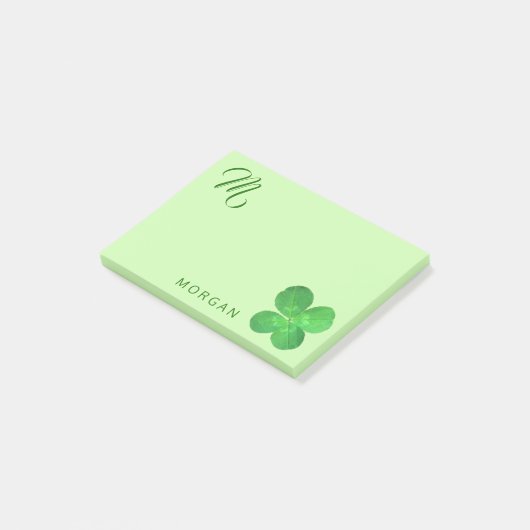 4 Leaf Clover Fun Green Monogram Gepersonaliseerd Post-it® Notes (Schuin)