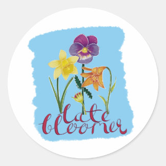 4 Lente- en zomerbloemen met fancy tekst Ronde Sticker