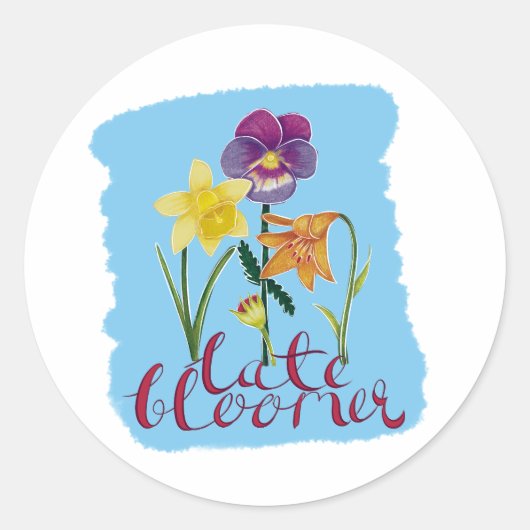 4 Lente- en zomerbloemen met fancy tekst Ronde Sticker (Voorkant)