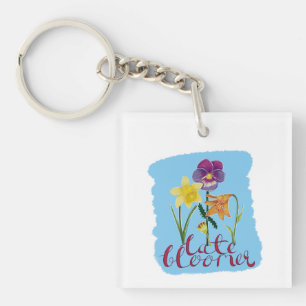 4 Lente- en zomerbloemen met fancy tekst Sleutelhanger
