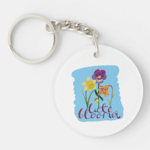 4 lente- en zomerbloemen met fancy tekst sleutelhanger