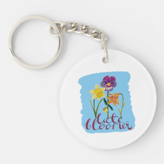 4 lente- en zomerbloemen met fancy tekst sleutelhanger (Voorkant)