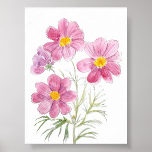 4 magenta kosmos bloemeninkt en waterverf poster