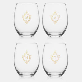 4 Monogram Initiaal Letters Vintage Nepgoud Folie  Wijnglas Zonder Voet