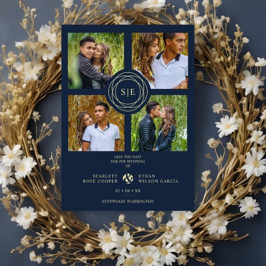 4 Multi Photos Navy Blue & Gold Minimal Initials