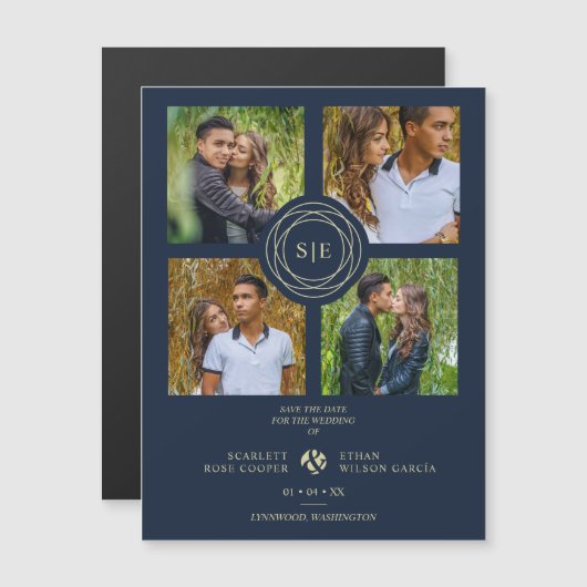 4 Multi Photos Navy Blue & Gold Minimal Initials (Voorkant / Achterkant)