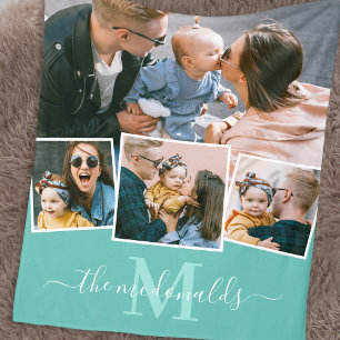 4 Naam van fotocollage Blauwgroen Fleece Deken