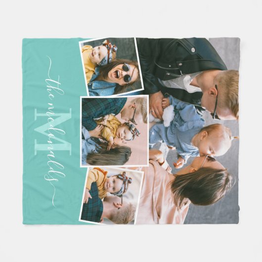 4 Naam van fotocollage Blauwgroen Fleece Deken (Voorkant (Horizontaal))