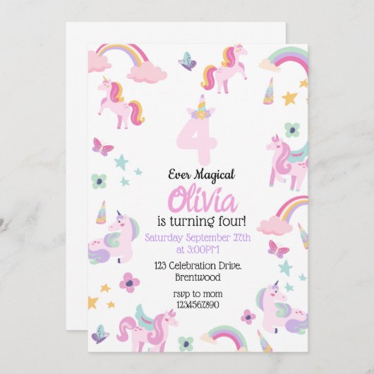 4 ooit magisch, eenhoorn verjaardag, regenbogen kaart (Voorkant / Achterkant)