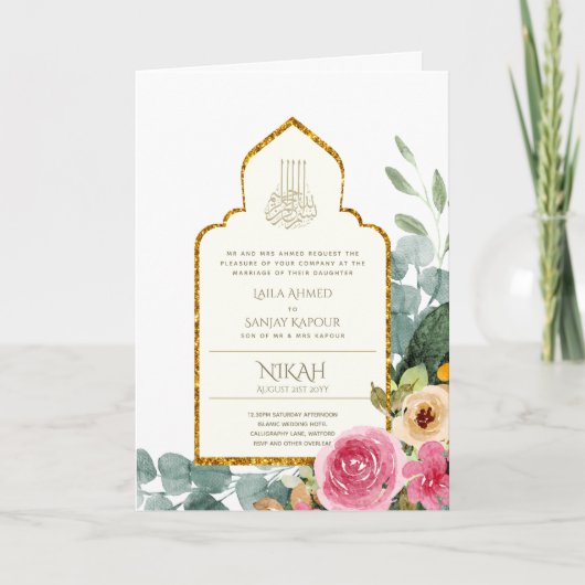 4 Pagina NIKAH WALIMA nodigt roze Floral Islamic W Kaart (Voorkant)