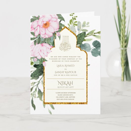 4 Pagina NIKAH WALIMA nodigt roze Floral Islamic W Kaart (Voorkant)