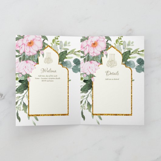 4 Pagina NIKAH WALIMA nodigt roze Floral Islamic W Kaart (Binnen)