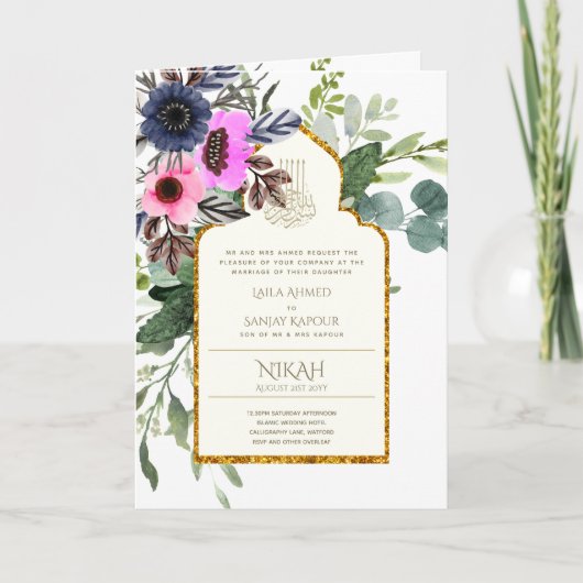 4 Pagina NIKAH WALIMA nodigt roze Floral Islamic W Kaart (Voorkant)
