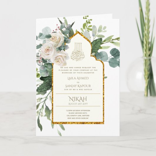 4 pagina NIKAH WALIMA nodigt White Roses Islamic W Kaart (Voorkant)
