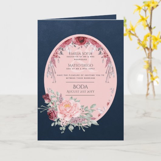 4 pagina's Spaanse BODA uitnodiging Navyblauw Roze (Gele Bloem)