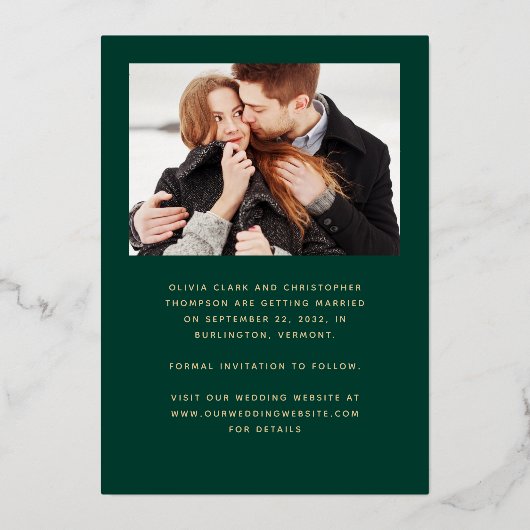 4-Photo Arch Emerald Green Gold Bewaar de datum Folie Uitnodiging (Achterkant)