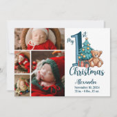 4 Photo Blue Teddy Baby 1st Christmas Feestdagenkaart (Voorkant)