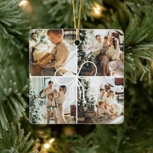 4 Photo Bow Wrap Christmas Family Keepsake Keramisch Ornament (Boom)