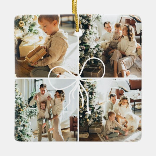 4 Photo Bow Wrap Christmas Family Keepsake Keramisch Ornament (Voorkant)