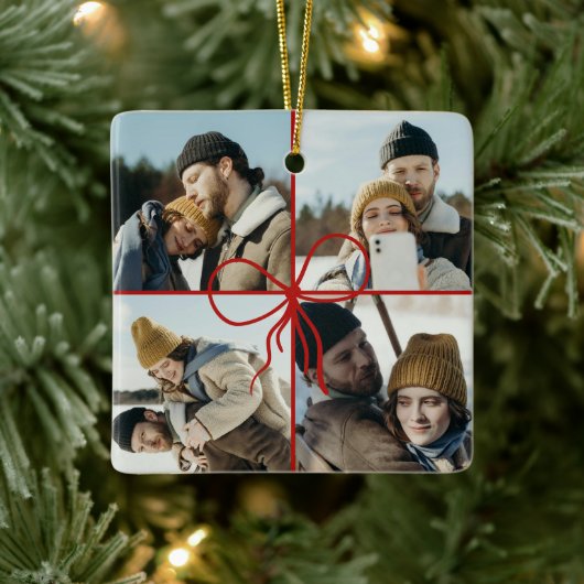 4 Photo Bow Wrap Christmas Newlyweds Modern Keramisch Ornament (Boom)