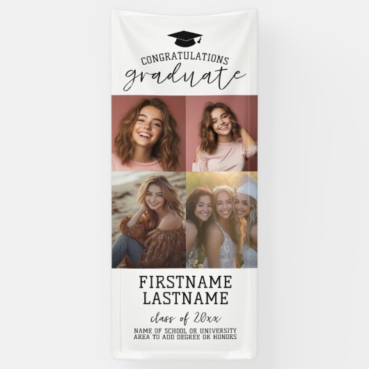 4 Photo Collage Afstuderen Modern Minimal White Spandoek (Verticaal)