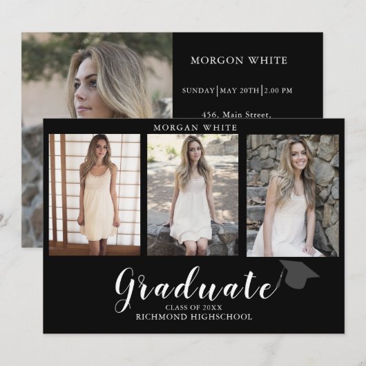 4 Photo Collage Simple Modern Black Graduation  Aankondiging (Voorkant / Achterkant)