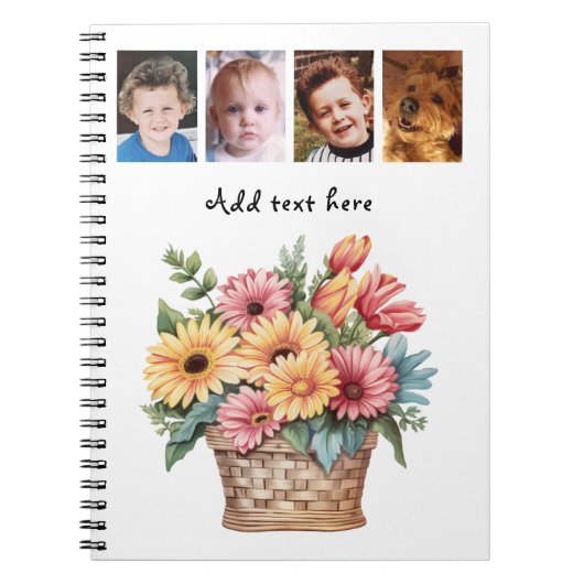 4 photo custom text gerbera flowers white notitieboek (Voorkant)