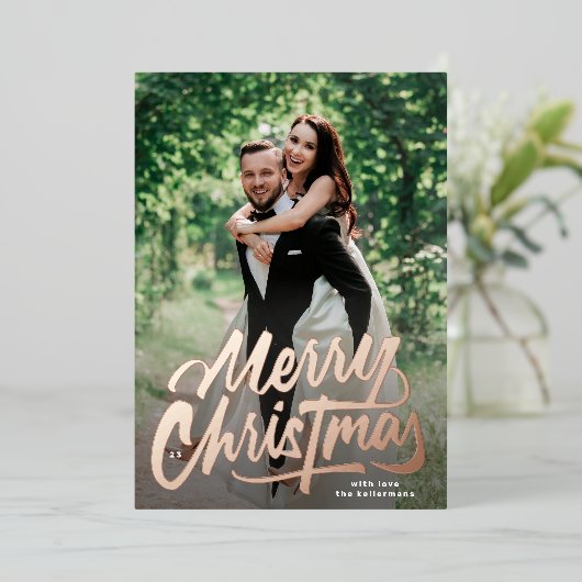 4 Photo Family Collage Merry Christmas Folie Feestdagenkaart (Staand Voorkant)