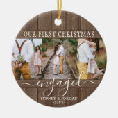 4 Photo First Xmas Engaged Rustic Faux Wood Round Keramisch Ornament (Voorkant)