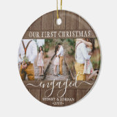 4 Photo First Xmas Engaged Rustic Faux Wood Round Keramisch Ornament (Links)