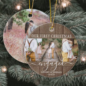 4 Photo First Xmas Engaged Rustic Faux Wood Round Keramisch Ornament