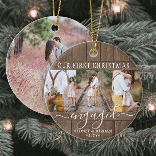 4 Photo First Xmas Engaged Rustic Faux Wood Round Keramisch Ornament