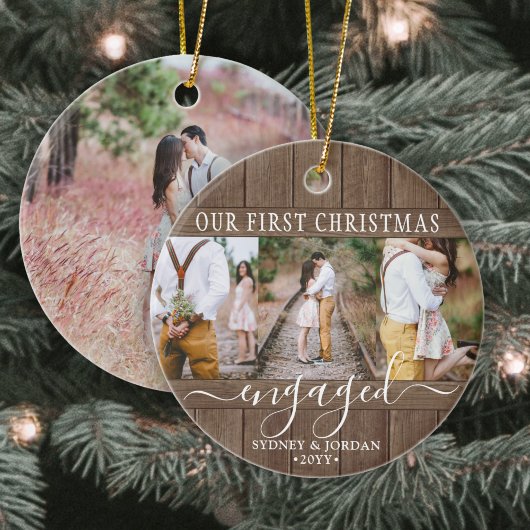 4 Photo First Xmas Engaged Rustic Faux Wood Round Keramisch Ornament