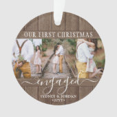 4 Photo First Xmas Engaged Rustic Faux Wood Round Ornament (voorkant)