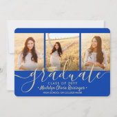 4 Photo Graduation Collage Script Royal Blue Gold Aankondiging (Voorkant)