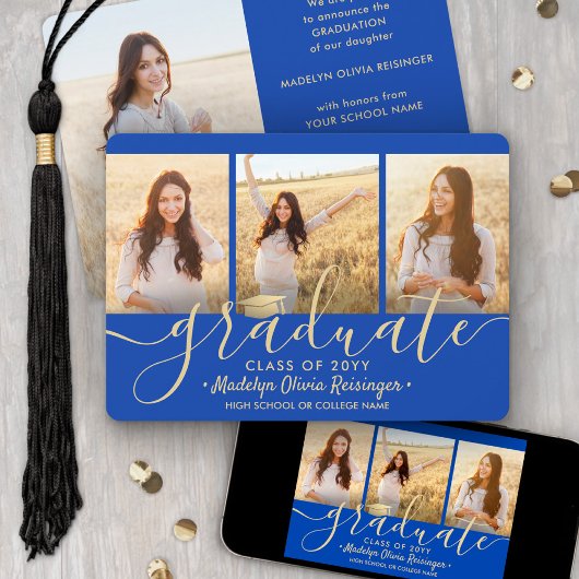 4 Photo Graduation Collage Script Royal Blue Gold Aankondiging
