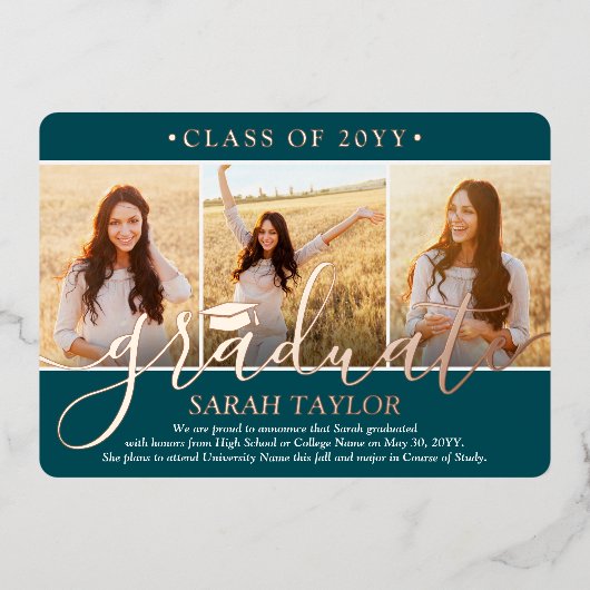 4 Photo Graduation Party Modern Script Blauwgroen  Folie Uitnodiging (Voorkant)