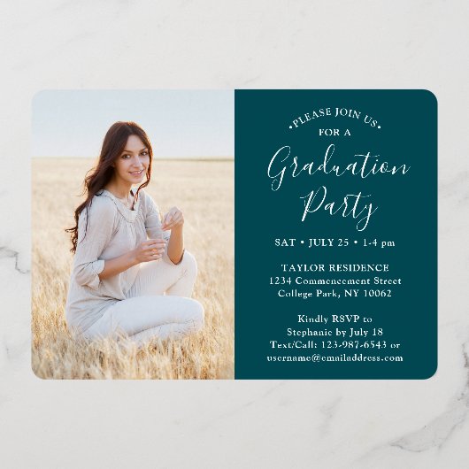 4 Photo Graduation Party Modern Script Blauwgroen  Folie Uitnodiging (Achterkant)