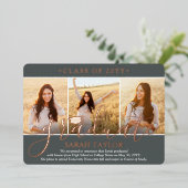 4 Photo Graduation Party Modern Script Grijs en Folie Uitnodiging (Staand Voorkant)
