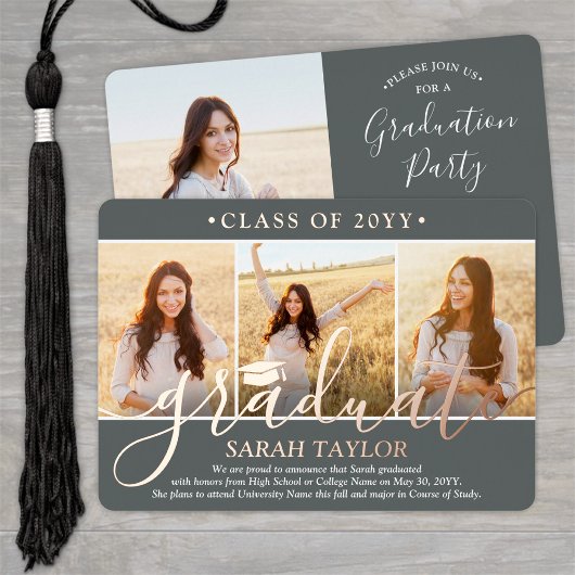 4 Photo Graduation Party Modern Script Grijs en Folie Uitnodiging