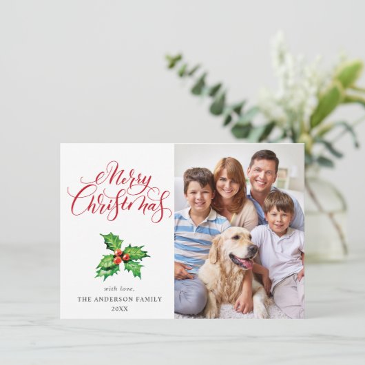 4 PHOTO Holly Berry Mistletoe kerstgroet Feestdagenkaart (Staand voorkant)