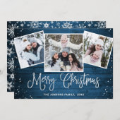 4 PHOTO-kerstfeestjes, roestvast blauw hout Feestdagenkaart (Voorkant / Achterkant)