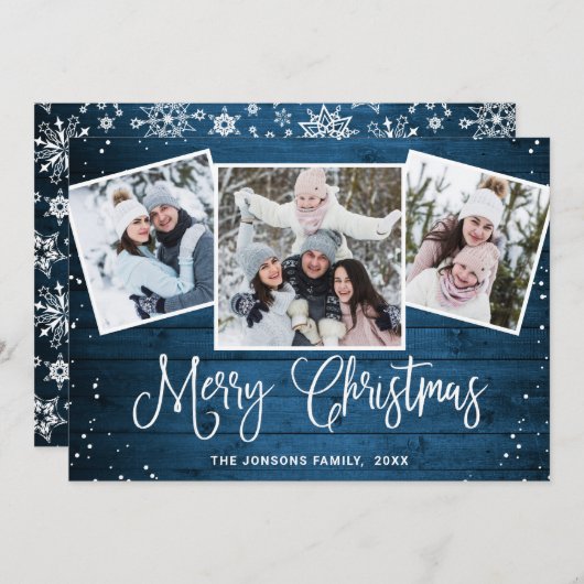 4 PHOTO-kerstfeestjes, roestvast blauw hout Feestdagenkaart (Voorkant / Achterkant)