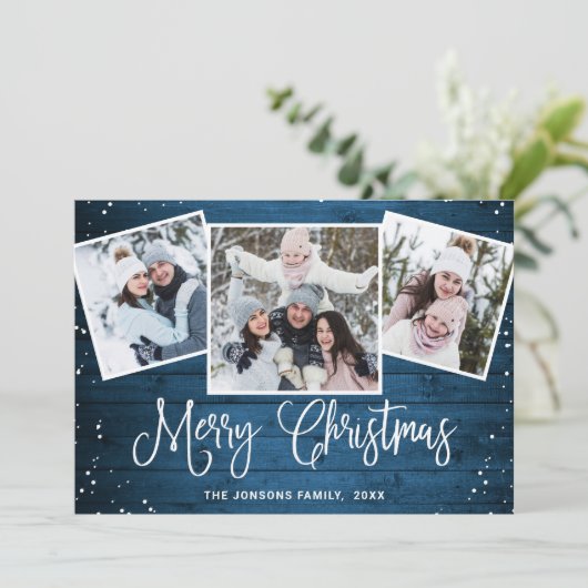 4 PHOTO-kerstfeestjes, roestvast blauw hout Feestdagenkaart (Staand voorkant)