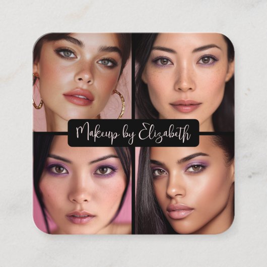 4 Photo Makeup Blush Pink Script Black QR Code Vierkante Visitekaartje (Voorkant)